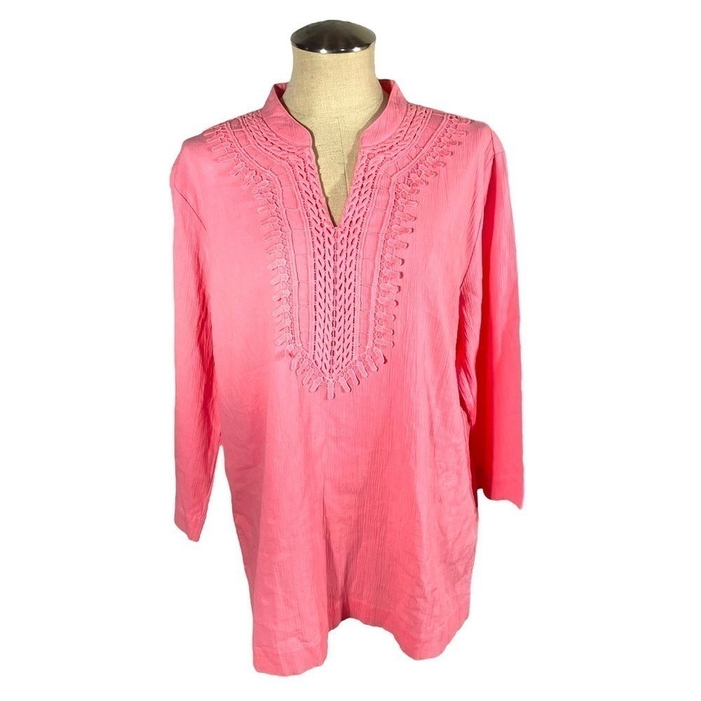 Appleseed's Light Pink 3/4 Sleeve Crochet Lace V Neck Tunic Top Crinkle Large